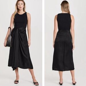 TANYA TAYLOR Reid Satin Mixed-Media Ribbed Bodice Ruched Satin Skirt MIDI Dress